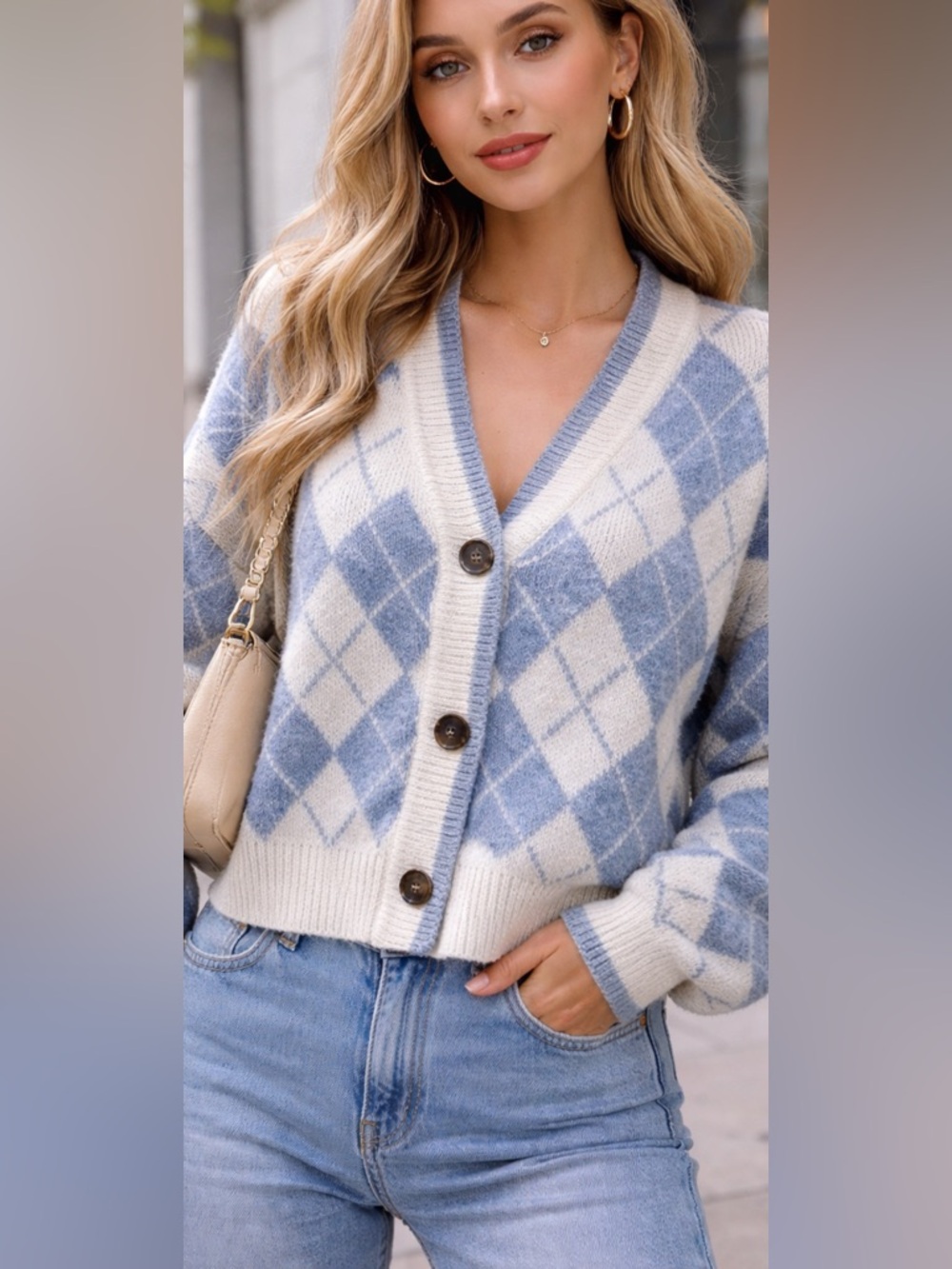 The Republic Argyle Cardigan Women XL Blue Ivory Cropped Knit Sweater